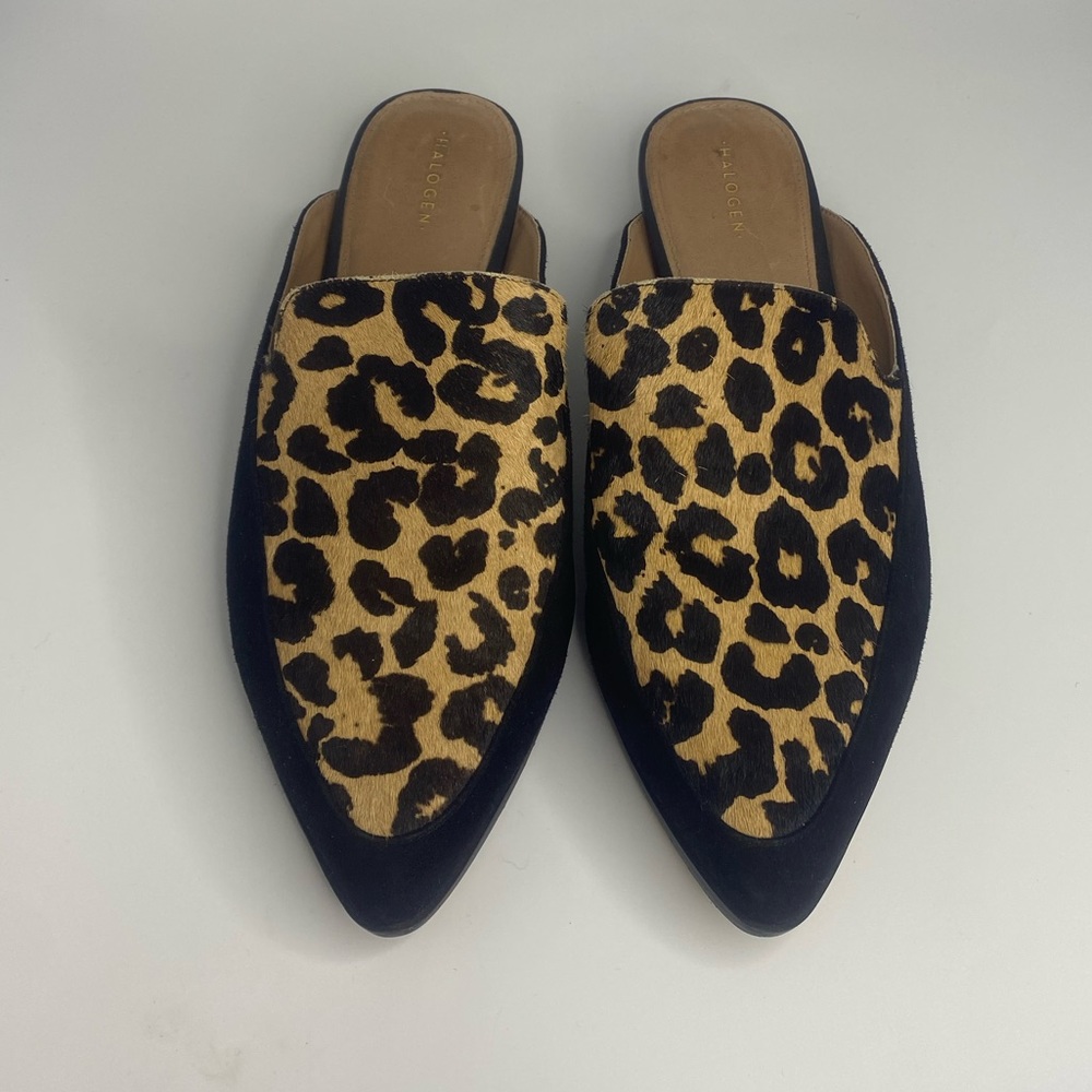 Halogen Corbin Leopard Print Calf Hair Black Suede Point Slide Women Mul…